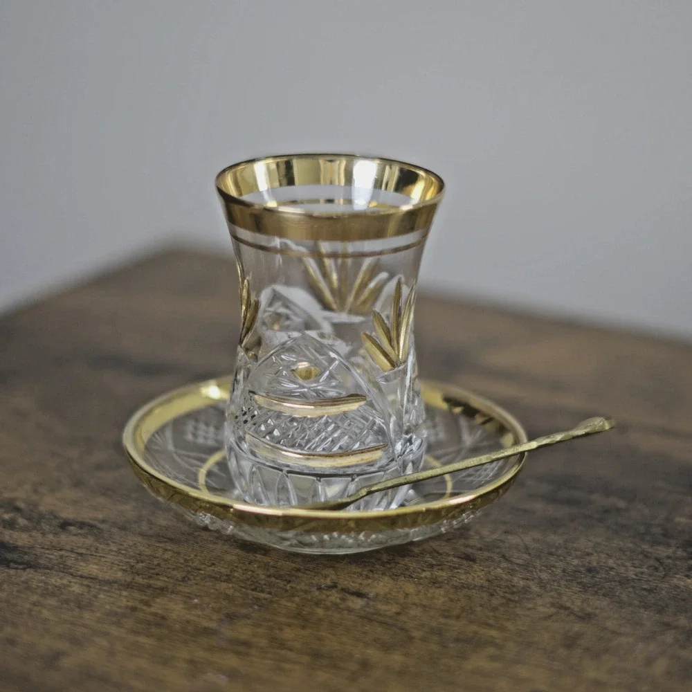 Vintage Turkish Crystal Tea Glass Saucer Spoon Gold Rim Choose Set READ